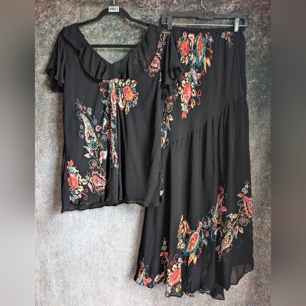Vintage 90s Floral Rayon Skirt & Top Set | Boho 3X